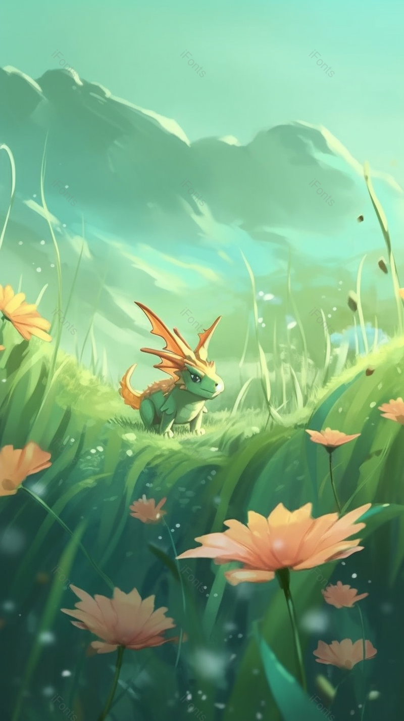 绿色背景动物有角神兽卡通插画唯美花朵草地清新壁纸图,插画/手绘图,插画/手绘图库,插画/手绘图下载,插画/手绘